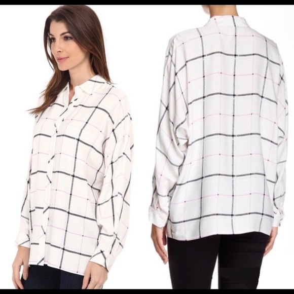 Vince Camuto White Grid Plaid Long Sleeve‎ Top Button Down Career Flowy - Picture 2 of 13